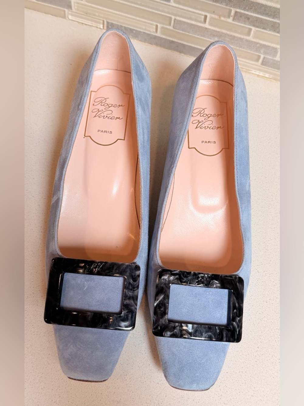 Roger Vivier Powder Blue Suede Buckle Pumps